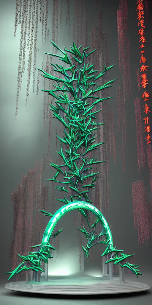 Image similar to 3 d photographic render of asymmetric melting japanese torii gate sculpture made of chrome, sakura bioluminescent chrometype, made of liquid metal, neotribal with thorns and green thunders, cyberpunk, raytracing, hyper realistic, volumetric lightning, 8 k, by zhelong xu and ouchh studio