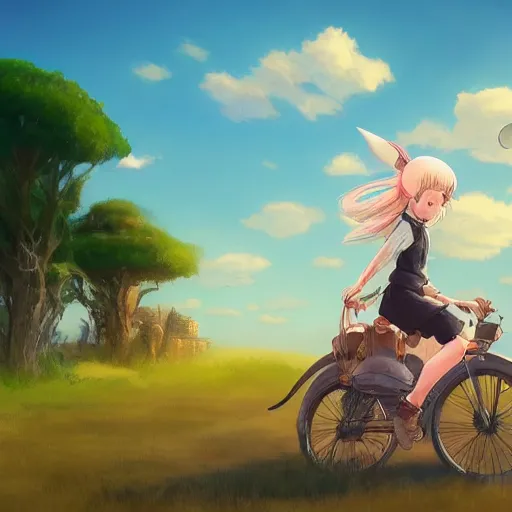 Prompt: a girl riding a giant rabbit. very detailed. digital art. in the style of miyazaki. 4 k. trending on artstation.