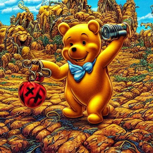 Image similar to winnie the poo on iron maiden album cover, 8 k resolution hyperdetailed photorealism