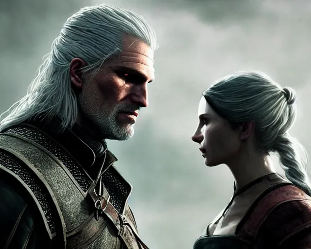 Prompt: 5 5 mm portrait photo of geralt cowering while being yelled at by yennefer of vengerberg. magical atmosphere. art by greg rutkowski. highly detailed 8 k. intricate. lifelike. soft light. nikon d 8 5 0.