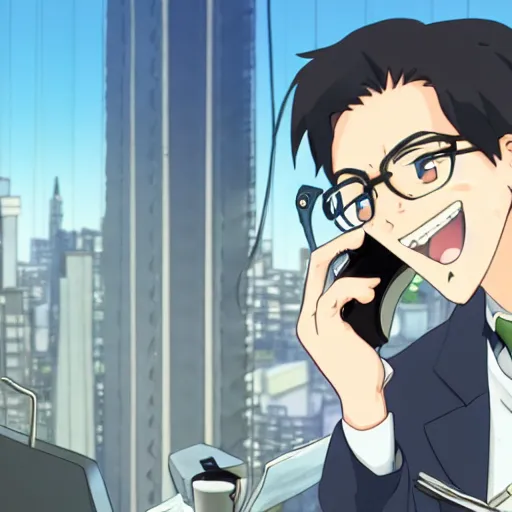 Prompt: anime of wall street broker sitting in his office laughing on the phone with skyview in background, studio ghibli, makoto shinkai, trending on artstation, 2 d hd, 8 k