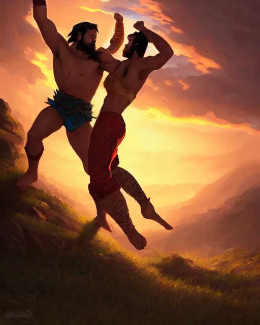 Image similar to two wrestlers fighting on a hill at sunset, D&D, fantasy, intricate, elegant, highly detailed, digital painting, artstation, concept art, matte, sharp focus, illustration, hearthstone, art by Artgerm and Greg Rutkowski and Alphonse Mucha