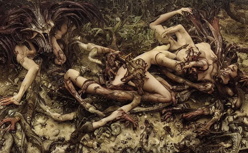 Image similar to renaissance grotesque painting of ovni crash swamp wasteland, landfill, alien corpses on the floor, elegant artwork by lee bermejo and greg rutkowski and alphonse mucha