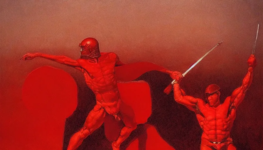 Image similar to only with red, a red gladiator in a crowded roman amphitheatre, crowd cheers him, in the style of beksinski, parts by edward hopper, parts by rodcenko, parts by yue minjun, intricate and epic composition, red by caravaggio, insane quality, highly detailed, masterpiece, red light, artstation