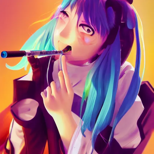 Image similar to hatsune miku smoking weed with a vape pen, smoke coming out of her mouth, bloodshot eyes, artstation, 4 k