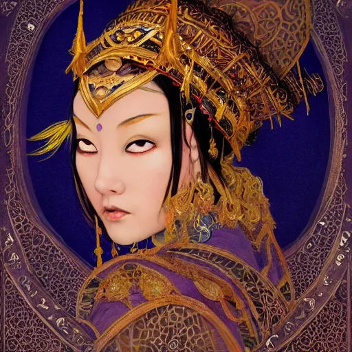 Image similar to painting of junoesque plus size mongolian priestess of the moon, golden filigree armor and tiara, moon above head, dark blue straight hair, smooth translucent skin, wide striking eyes, beautiful! coherent! by brom, by brian froud, strong line, high contrast, muted color, 4 k, trending on artstation