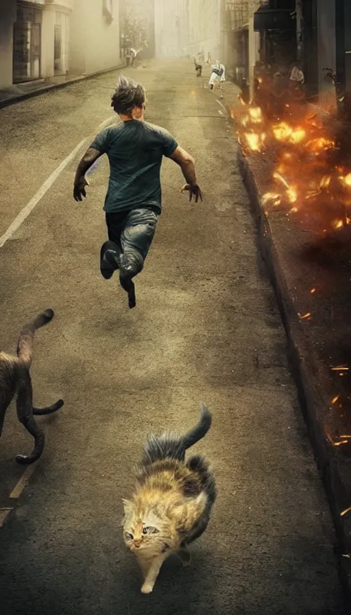 Prompt: people running away from the catzilla. trending on artstation. realistic cinematography, photorealistic, photography, wide shot