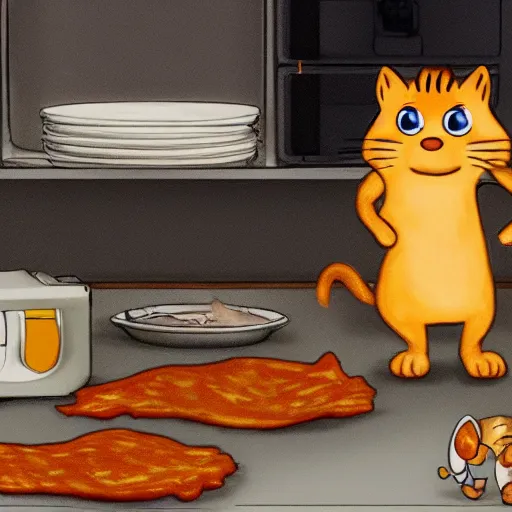 Image similar to Garfield the cat creepily raiding the fridge for lasagna at nine in the morning hyper realistic ultra realistic rtx trending on art station