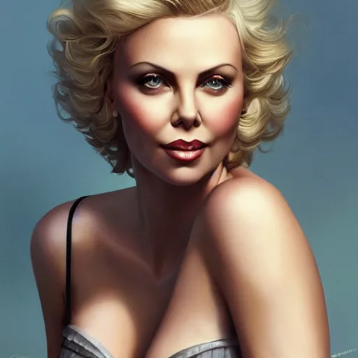Image similar to a portrait pinup of charlize theron by charlie bowater and anna dittmann and gil elvgren.