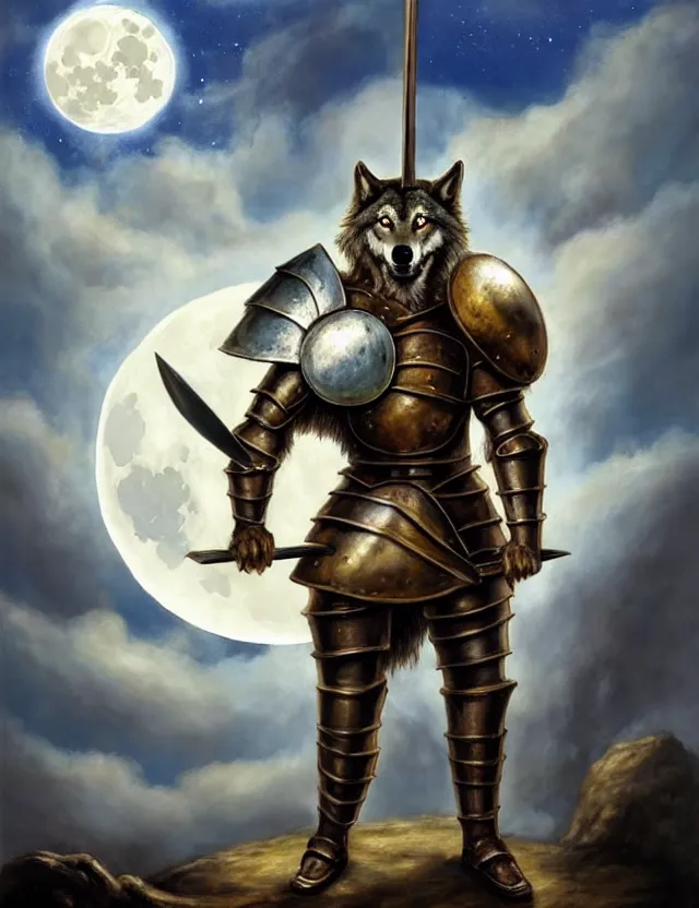 Prompt: a bipedal wolf that is wearing full iron plate armor, and holding a giant sword and wooden round shield, as a matte oil painting and d & d character art, by salvador dali, standing, fullbody, full moon, cumulus clouds, cosmic, sharp focus, award - winning, extremely detailed, 4 k,