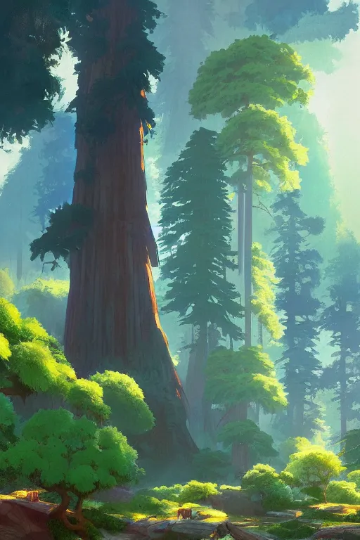 Image similar to Sequoia Park in a colorful moutain with beautiful trees ,morning , by studio ghibli painting, superior quality, masterpiece, traditional Japanese colors, by Grzegorz Rutkowski, concept art