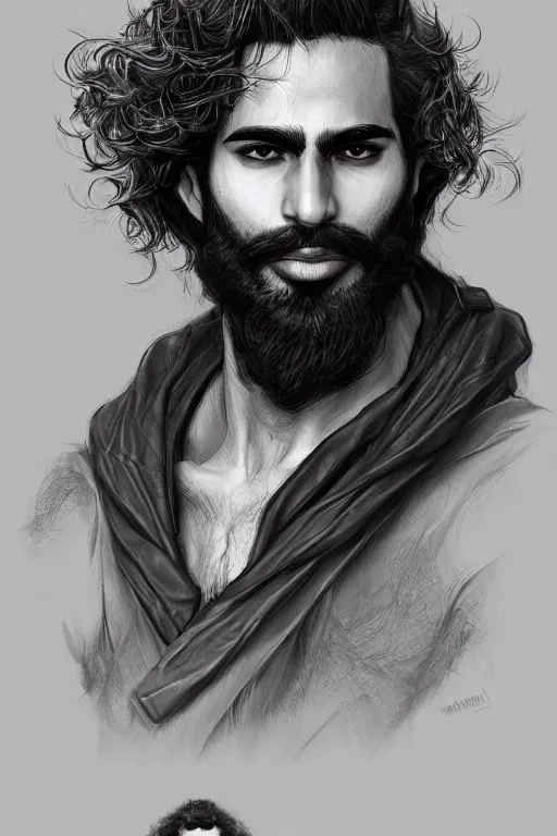 Image similar to Arab man light beard, curly hair, swordsman, modern, hero, leather , yellow and charcoal, character concept art, costume design, trending on artstation, Artgerm , WLOP