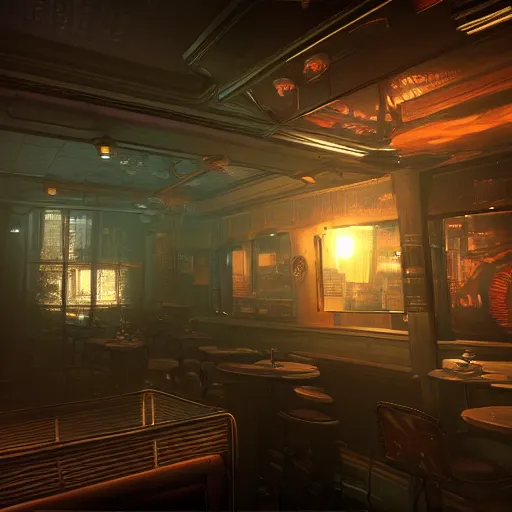 Image similar to In the world of rapture from the world of bioshock you are in a bar, there is a window that lets you see the whole city underwater and you are drinking a rum and coke