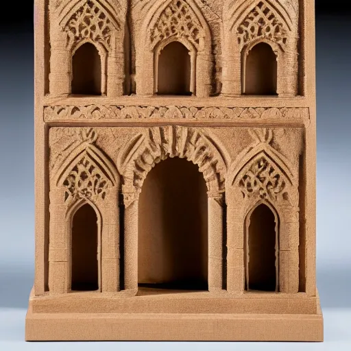Prompt: a finely milled eroded oak block scale architectural model of a arabesque vaults on display in a museum vitrine, highly detailed, product photography, well lit, 8k