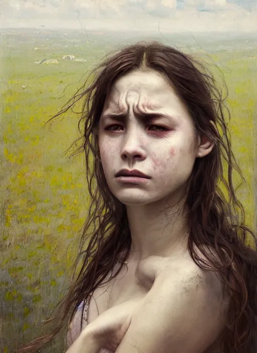 Image similar to portrait of very sad vilage girl, pain, cry, suffering, countryside, fantasy character portrait, dynamic pose, above view, view from above, sunny day, thunder clouds in the sky, artwork by Jeremy Lipkin and Giuseppe Dangelico Pino and Michael Garmash and rob rey, very coherent symmetrical artwork, perfect face, simple form, 100mm