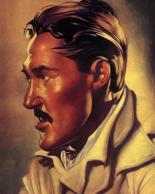 Image similar to Errol Flynn as a scientist. 1980s dystopian Soviet Russia, propaganda screens. Unreal engine, fantasy art by Greg Rutkowski, Gustave Courbet, Rosa Bonheur, Edward Hopper, Ilya Yefimovich Repin, Jean-François Millet, Andrew Newell Wyeth. Faithfully depicted facial expression, perfect anatomy global illumination, radiant light, detailed and intricate environment