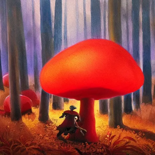 Image similar to glowing giant red mushrooms attacking a goblin in forest, oil painting, soft light, night time