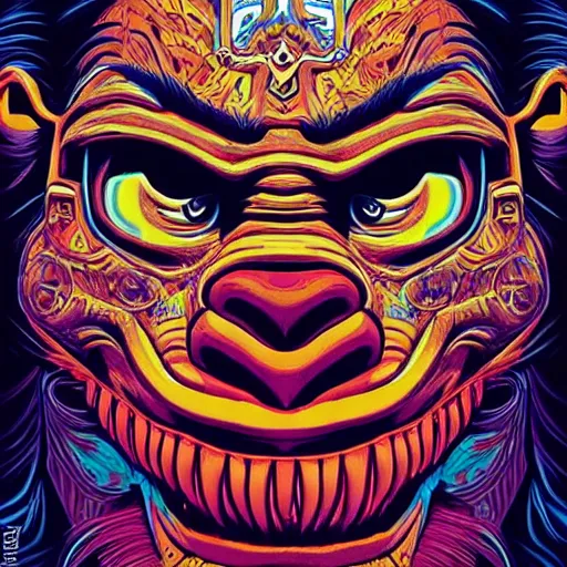 Prompt: barong family member faced jim carrey, jim carrey!, wiwek, mara demon, one single tribe member, jungle, one single mask, dark, ancient warrior, grumpy gorilla, violence blood, tribal, inner glow, art by dan mumford and justin gerard