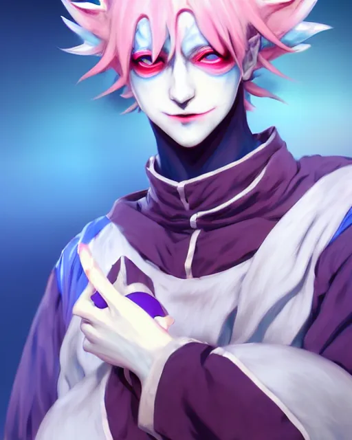 Image similar to extremely attractive soft feminine male as a jester anime character screenshot, nagito komaeda and hisoka jester, anime feminine male fool, intricate, sharp focus, illustration, highly detailed, digital painting, cell shaded, concept art, matte, art by ilya kuvshinov and kyoto animation and wlop, ruan jia, greg rutkowski, studio quality