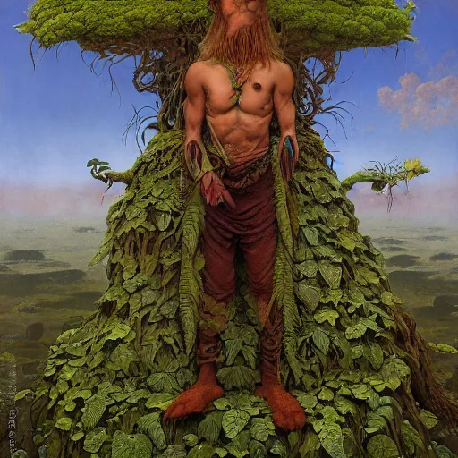 Image similar to Rootpunk Physique Portrait of a Shaman Guy wearing an ivy costume lichen disguised as a human standing atop a red clay pot greg rutkowski jen bartel peter mohrbacher anna podedworna arthur rackham salvador dali octavio ocampo jacek yerka winslow homer norman rockwell uta natsume prismacolor tombow quill