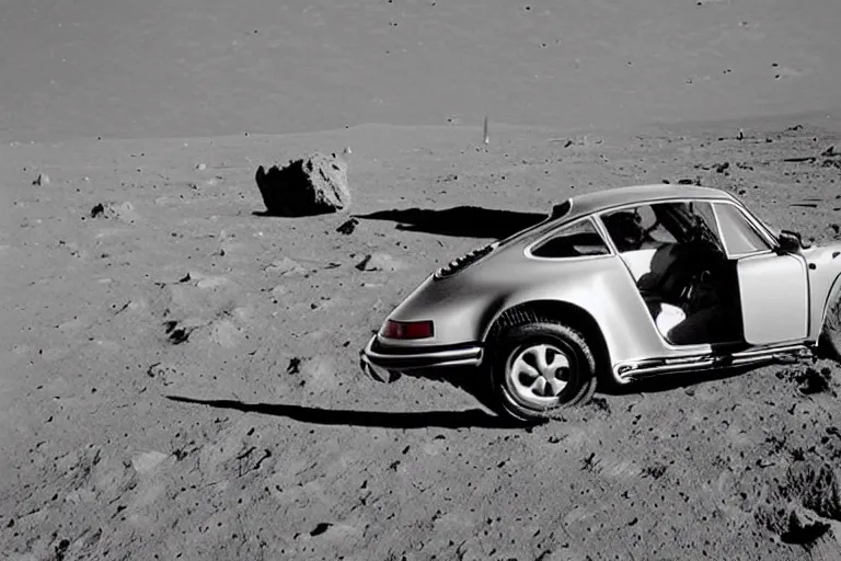 Image similar to vintage photo of a porsche 911 on the moon. apollo moon landing