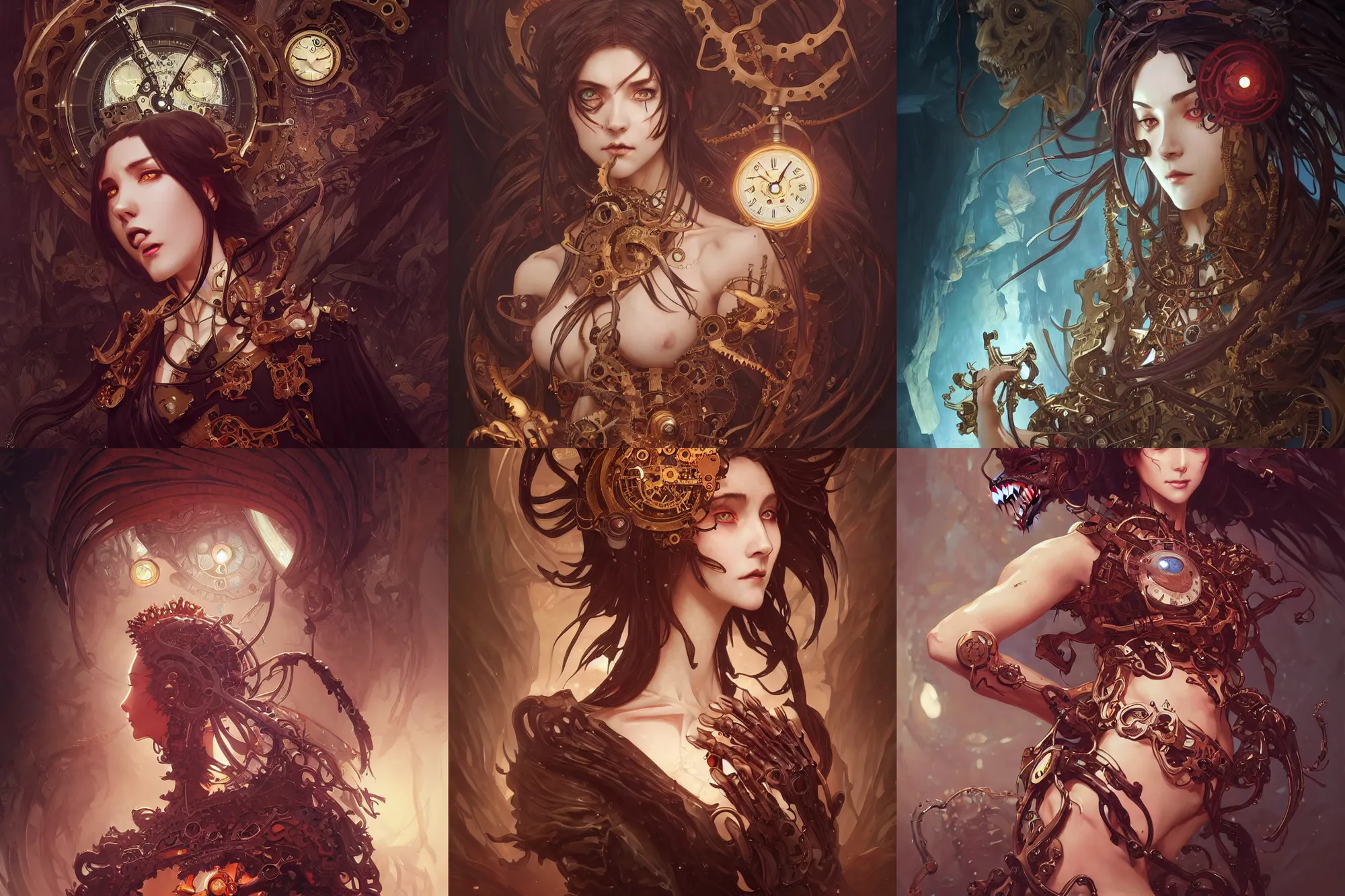 Prompt: detailed, sharp, humanoid female clockwork monster of necronomicon by artgerm and greg rutkowski and alphonse mucha and jin xiaodi. digital art. surreal. featured on art station. anime arts. featured on Pixiv, HD, 8K, highly detailed, good lighting