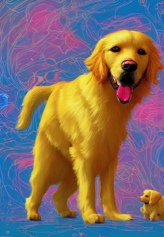 Prompt: Adorably cute Golden retriever, artstation winner by Victo Ngai, Kilian Eng and by Jake Parker, swirly vibrant color lines, winning-award masterpiece, fantastically gaudy, aesthetic octane render, 8K HD Resolution