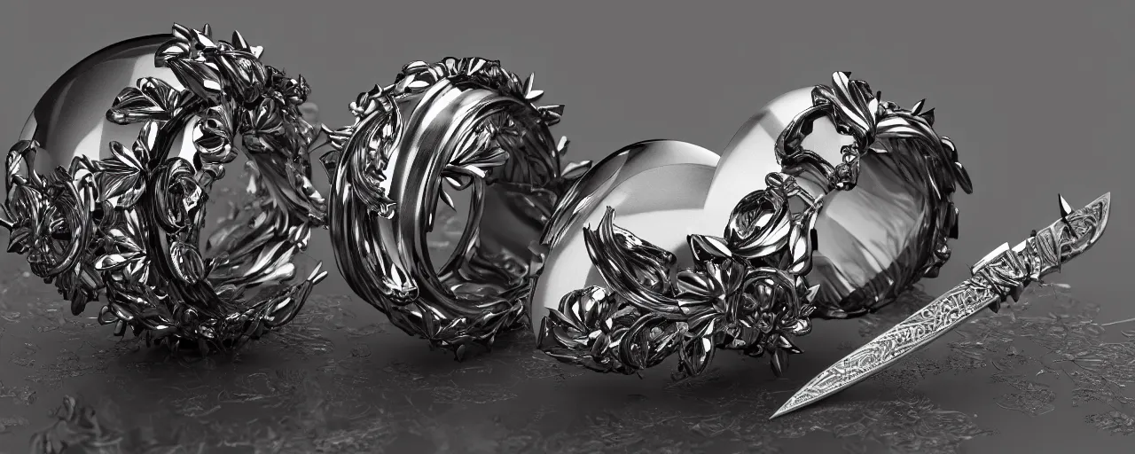 Image similar to tungsten ring with spikes, ring, steel, sword, crystals, smooth shank, engravings, product design, jewelry, art by gerald brom, greg rutkowski and artgerm and james jean and zdzisław beksinski, 8 k, unreal engine, c 4 d