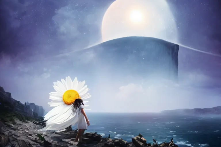 Prompt: giant white daisy flower on head, girl walking on cliff, surreal photography, solar eclipse, milky way, dramatic light, impressionist painting, clouds, digital painting, artstation, james gilleard and liam wong and jeremy mann