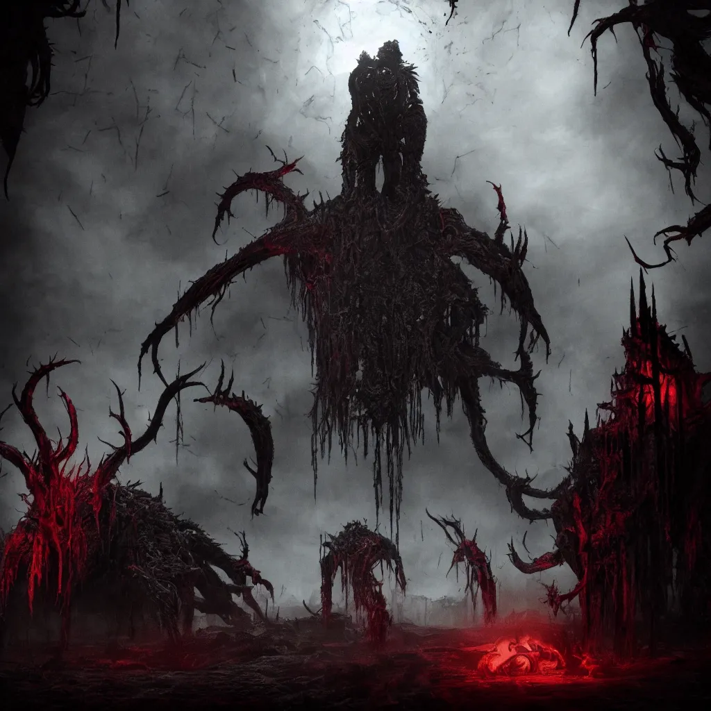 Image similar to bloodcult members summon an abomination, dark and mysterious, atmospheric, ominous, eerie, cinematic, 4k, ultra detail, ultra realistic