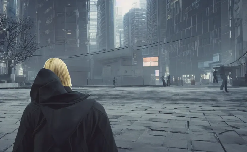 Image similar to anonymous guard with blond hair seen from the back cyberpunk, crowd in front of building detailed, cinematic light, cinematic epic, unreal engine 4 k, 8 k, detailed, ultra realistic, anime