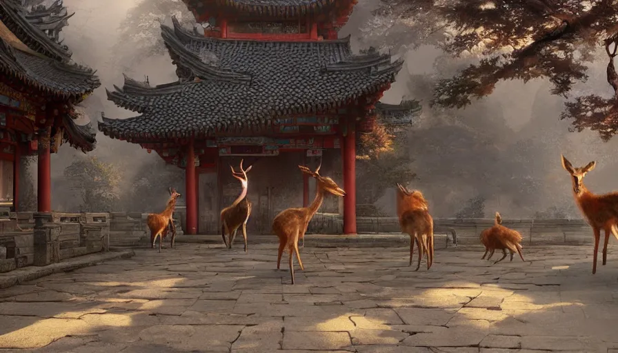 Image similar to craig mullins and ghibli digital illustration of 2 deers and camers a broken chinese temple unreal engine, hyper realism, realistic shading, cinematic composition, realistic render, octane render, detailed textures, photorealistic, wide shot
