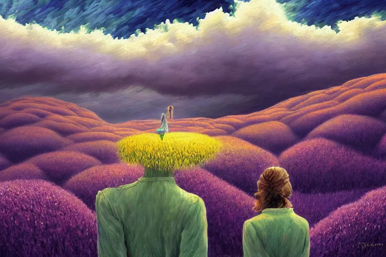 Image similar to giant flower heads, women standing in heather hills, surreal photography, stormy sky, dramatic lighting impressionist painting, digital painting, artstation, rob gonsalves