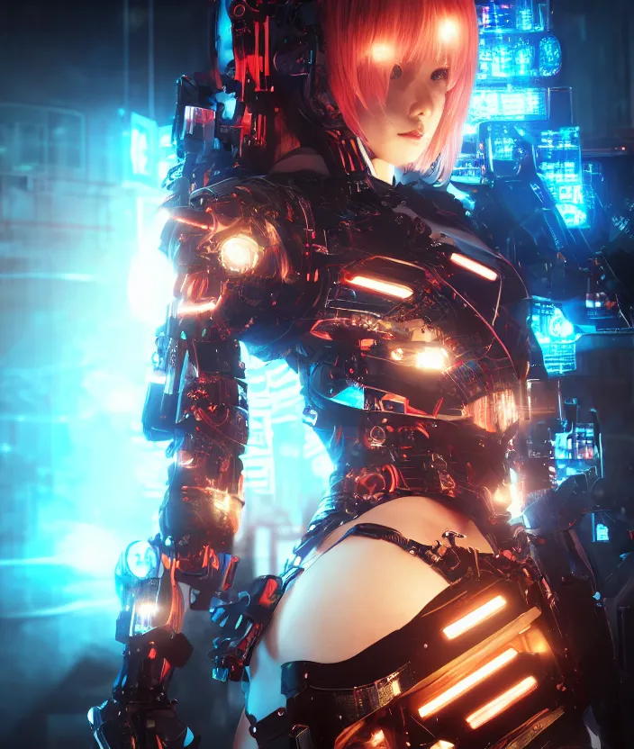 Image similar to japanese model cyborg with digital led panel skin, neon lighting, techno neon projector background, akihiko yoshida style, portrait photo, intricate details, ultra realistic, unreal engine 5, depth of field, bokeh, octane render