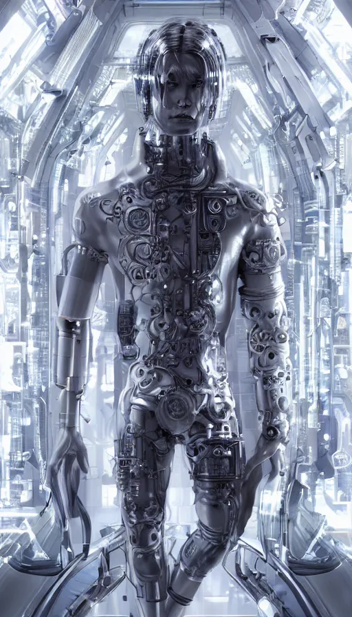 Prompt: full body head to toe portrait of a cyberpunk sci-fi cyborg netrunner bionic man, third person, D&D, sci-fi fantasy, matrix , intricate, white with shiny silver and chartruse fringe highlights, highly detailed, art by Range Murata, highly detailed, 3d, octane render, bright colors, digital painting, trending on artstation, sharp focus, illustration style of Stanley Artgerm, dramatic background