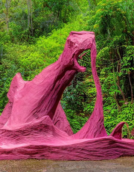Prompt: vintage color photo of a giant 1 1 0 million years old abstract sculpture made of liquid pink gold covered by the jungle vines