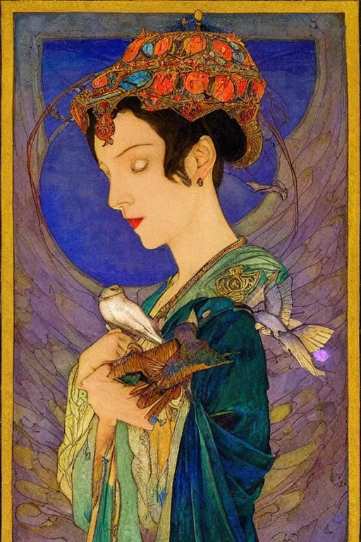 Prompt: queen of the dawn with her lantern and birds, by Annie Swynnerton and Nicholas Roerich Edmund Dulac, elaborate headdress and embroidered velvet, iridescent beetles, rich color, dramatic cinematic lighting, extremely detailed