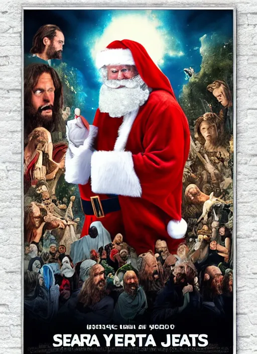 Prompt: Santa vs Jesus: Resurrection 2, epic movie poster, showing at a movie theatre near you, 80s hand painted, intricate, high detail, with text, high rated reviews