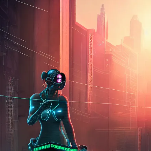 Prompt: beautiful cyberpunk assassin with night vision goggles, portrait shot, wires, cyberpunk, dramatic light, sunset, cyberpunk city in the background, movie illustration by Igor Kieryluk