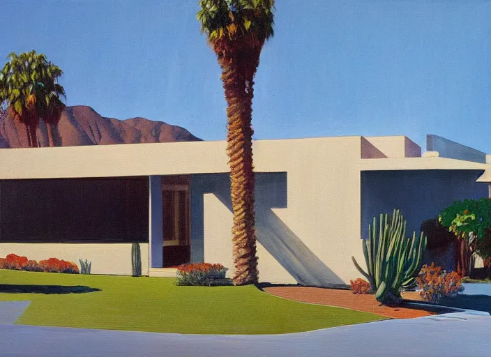 Prompt: painting of a richard neutra house in palm springs by wayne thiebaud