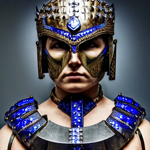 Image similar to photo of a real-life beautiful warrior with sapphire encrusted armour