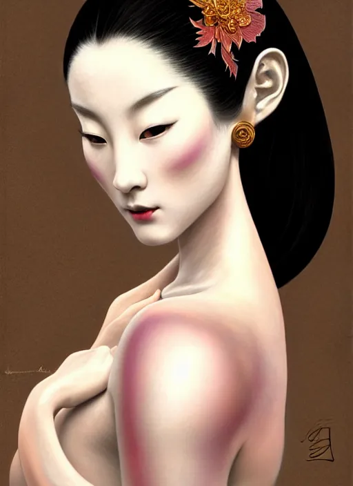 Image similar to organic Geisha portrait, pearlescent skin, diffuse lighting, fantasy, intricate, elegant pose, highly detailed, lifelike, photorealistic, digital painting, artstation, illustration, concept art, different point of view, smooth, sharp focus, art by John Collier and Albert Aublet and Leonardo da vinci and Moebius and Krenz Cushart