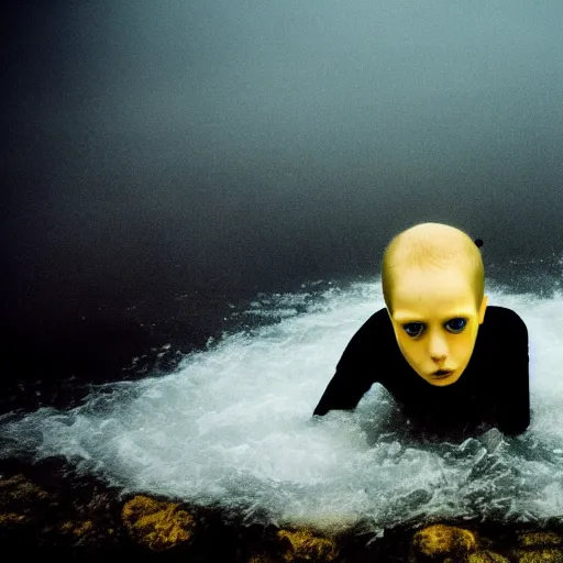 Image similar to monster pale skin, dark yellowish water, foggy water, dark, dramatic, big eyes, terrifying, cinematic