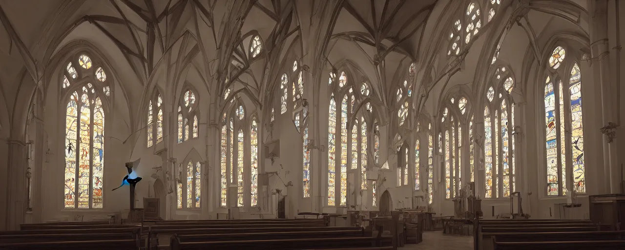 Prompt: a church with stained windows where old me come to pray, atmospheric, mist, epic, photorealistic, realistic, rule of thirds, extremely detailed, 4 k, 8 k, unreal engine 5 render, rim lighting, rtx, ray traced lighting, shot on 3 5 mm, film grain