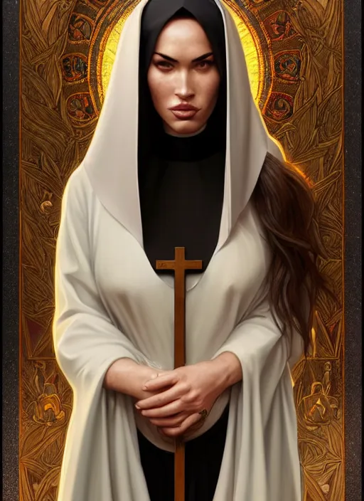 Image similar to portrait of megan fox as a sultry nun, catholic, church, bible, christian, intricate, headshot, highly detailed, digital painting, artstation, concept art, sharp focus, cinematic lighting, illustration, art by artgerm and greg rutkowski, alphonse mucha, cgsociety