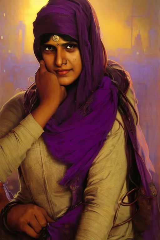 Prompt: hyperrealist portrait of a young indian american woman wearing a purple niqab, it is decorated with long wires and computer monitors are all over their body within the cyberpunk office background. by jeremy mann and alphonse mucha, fantasy art, photo realistic, dynamic lighting, artstation, poster, volumetric lighting, very detailed faces, 8 k, award winning