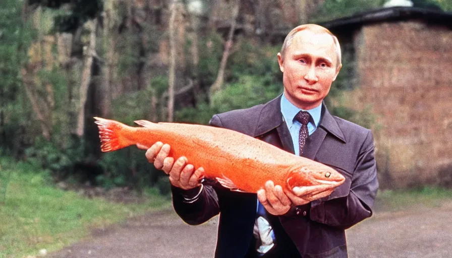 Prompt: 7 0 s movie still of putin in tellsell, proudly holding a salmon. cinestill 8 0 0 t _ 3 5 mm eastmancolor, heavy grain, high quality, high detail