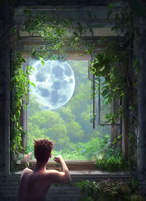 Image similar to lunarpunk portrait of a man looking out from his bedroom window to forest, city pop, au naturel, hyper detailed, digital art, trending in artstation, behance, deviantart, cinematic lighting, studio quality, smooth render, unreal engine 5 rendered, octane rendered, art style by pixar dreamworks warner bros disney riot games and ghibli studios