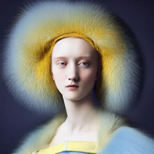 Image similar to a show design by leonardo davinci design by balenciaga ,fur, blue and yellow,pastel colours , hyperrealistic, highly detailed, fashion design,baroque,matte painting, concept art, hdri, 4k