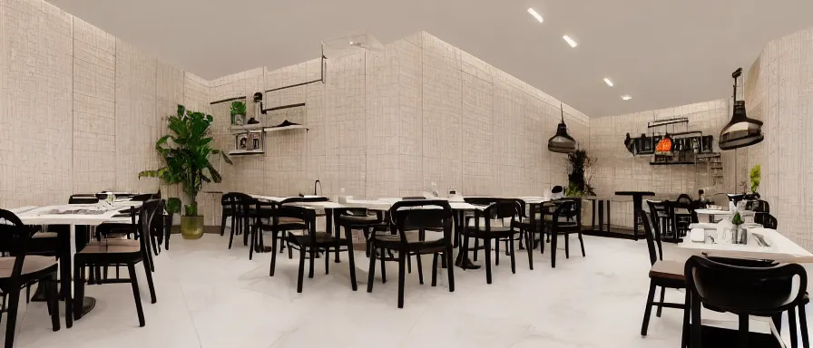 Image similar to a beautiful simple interior 4 k hd wallpaper illustration of small roasted string hotpot restaurant restaurant pagoda hill, wall corner, from china, hill wall and white tile floor, rectangle white porcelain table, black chair, fine simple delicate structure, chinese style, simple style structure decoration design, victo ngai, 4 k hd